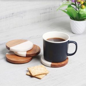 Handmade Marble & Acacia Wood Round Coaster Set